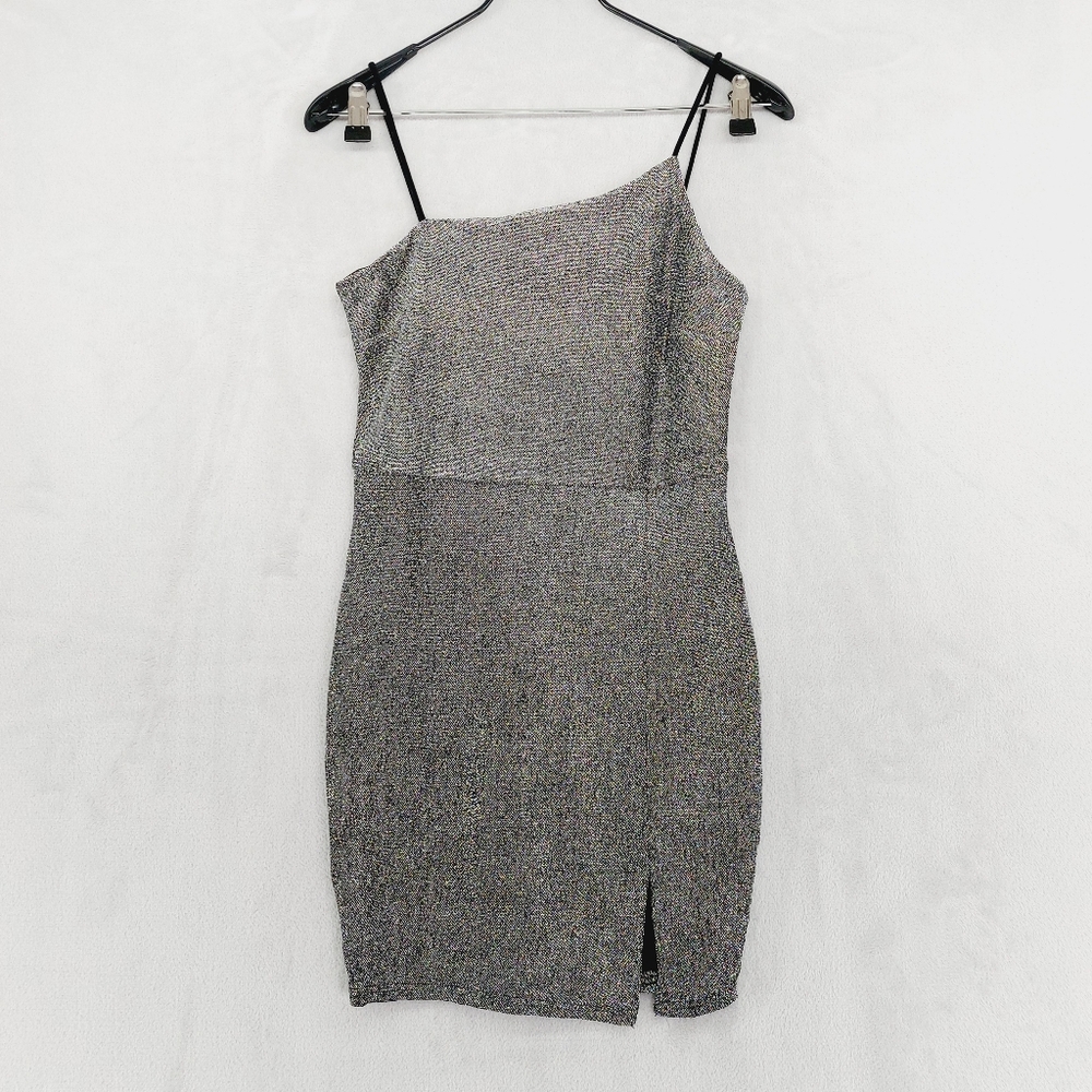 New Lulus Take Me Anywhere Silver Sparkly Asymmetrical Bodycon Mini Dress P4459 - Picture 2 of 9